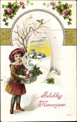 Ak Glückwunsch Neujahr, Mädchen mit Korb, Kleeblatt