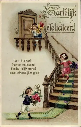 Ak Glückwunsch Geburtstag, Kinder mit Blumenkörben