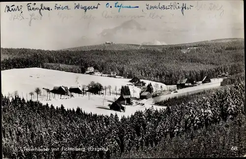 Ak Tellerhäuser Breitenbrunn Erzgebirge, Totale mit Fichtelberg im Winter