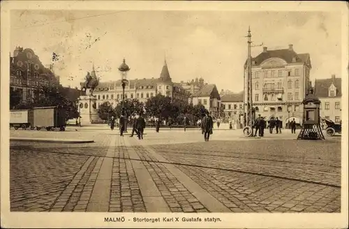 Ak Malmö Schweden, Stortorget Karl X Gustafs statyn