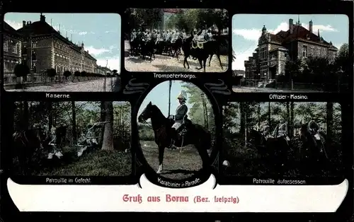 Ak Borna in Sachsen, Kaserne, Karabiner in Parade, Trompeterkorps, Offiziers-Kasino