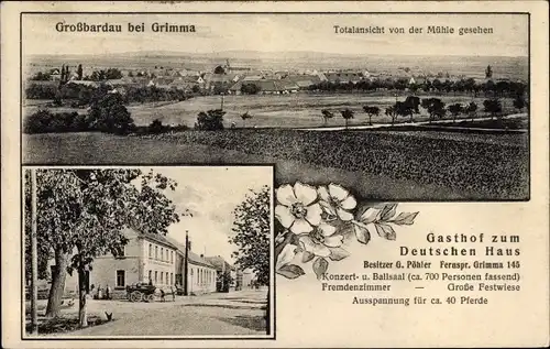 Ak Großbardau Grimma Sachsen, Totalansicht von der Mühle gesehen, Gasthof zum Deutschen Haus