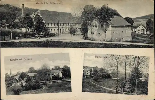 Ak Dittersbach Frauenstein im Erzgebirge, Gasthof Dittersbach Besitzer H. Scheumann, Kirche, Schule