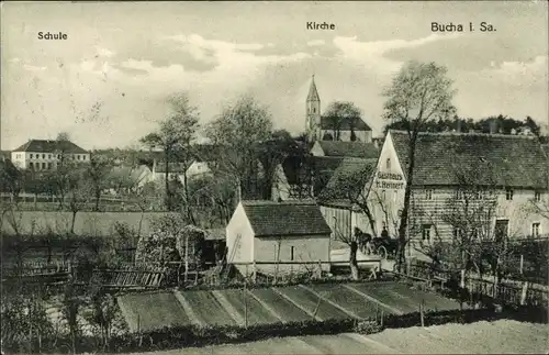 Ak Bucha Dahlen in Sachsen, Gasthaus H. Reinert, Kirche, Schule