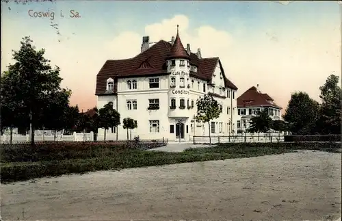 Ak Coswig in Sachsen, Straßenpartie, Konditorei, Cafe