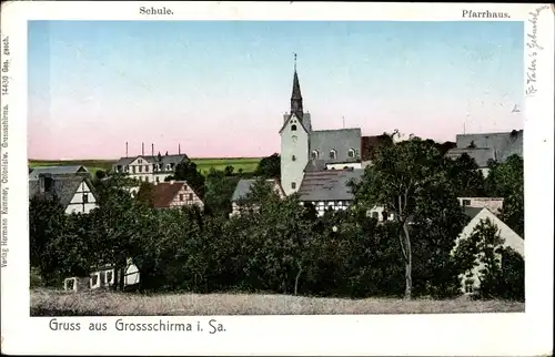 Leuchtfenster Ak Großschirma in Sachsen, Blick auf den Ort, Pfarrhaus, Schule