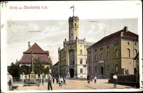 Ak Meuselwitz in Thüringen, Stadthaus, Kriegerdenkmal