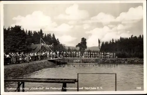 Ak Ober Holzhau Rechenberg Bienenmühle Erzgebirge, Skihütte Glück Auf, Freiberger Schwimm u Ski Club