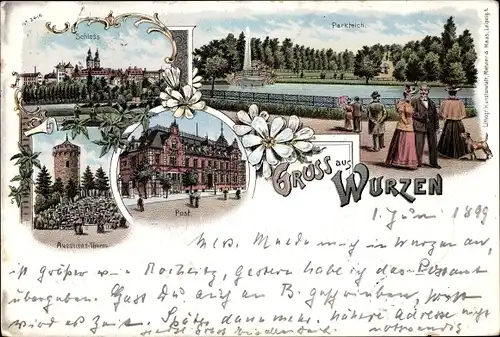 Litho Wurzen in Sachsen, Schloss, Parkteich, Aussichtsturm, Post