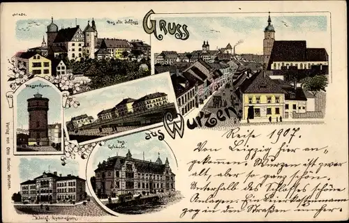 Litho Wurzen in Sachsen, Altes Schloss, Wasserturm, Postgebäude, Königl. Gymnasium