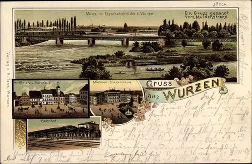 Litho Wurzen in Sachsen, Eisenbahnbrücke, Marktplatz mit Rathaus, Bahnhof, Mädchen-Bürgerschule