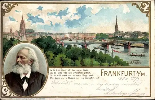 Künstler Litho Fischer, Gust., Frankfurt am Main, Dichter Friedrich Stoltze, Stadtansicht