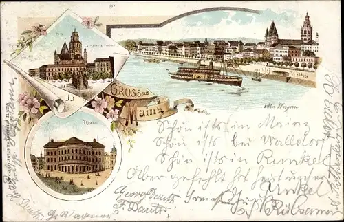 Litho Mainz am Rhein, Theater, Blick auf den Ort, Dom