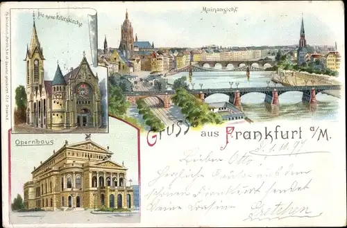 Litho Frankfurt am Main, Mainansicht, Peterskirche, Opernhaus