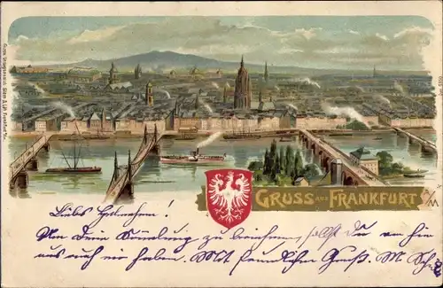 Wappen Litho Frankfurt am Main, Totalansicht der Ortschaft, Brücken