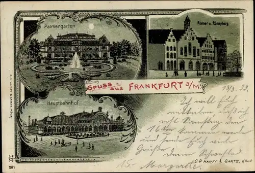 Mondschein Litho Frankfurt am Main, Römer, Römerberg, Palmengarten, Hauptbahnhof