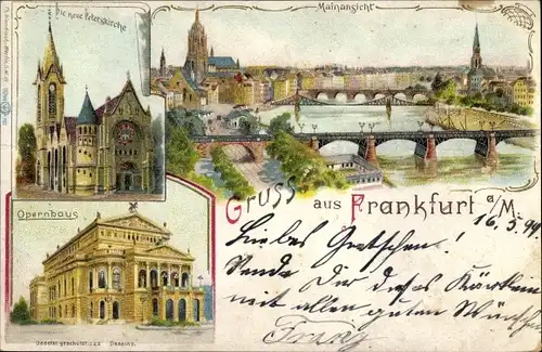 Litho Frankfurt am Main, Stadtansicht, Opernhaus, Peterskirche