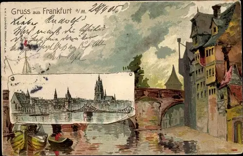 Litho Frankfurt am Main, Stadtansicht, Brücke, Kirche