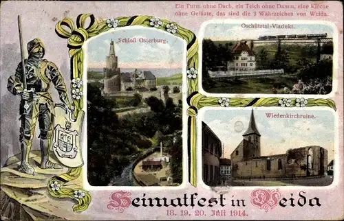 Ak Weida in Thüringen, Heimatfest in Weida 18. 19. 20. Juli 1914, Schloß Osterburg, Viadukt, Kirche