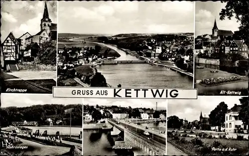 Ak Kettwig Essen im Ruhrgebiet, Teilansicht, Kirchtreppe, Ruhrbrücke, Ruhranlagen