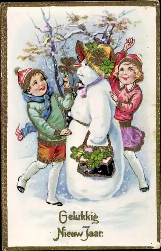 Ak Glückwunsch Neujahr, Zwei Mädchen und unzufriedener Schneemann, Glücksklee, Handtasche, Hut
