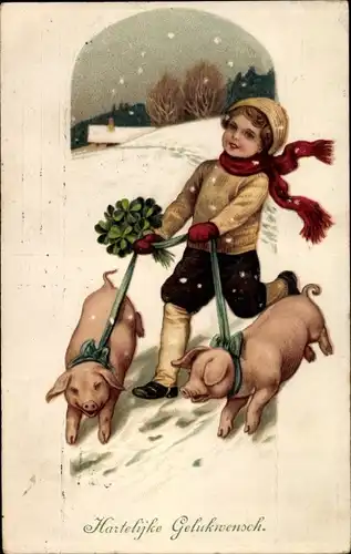 Ak Glückwunsch Neujahr, Kind mit Schweinen, Klee