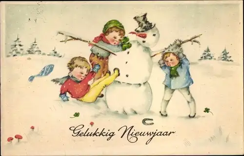 Ak Glückwunsch Neujahr, Kinder bauen einen Schneemann, Amag 3156