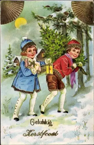 Präge Ak Glückwunsch Weihnachten, Kinder, Geschenke, Wald