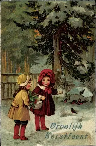 Ak Glückwunsch Weihnachten, Mädchen, Vogelhäuschen, Tannenbaum