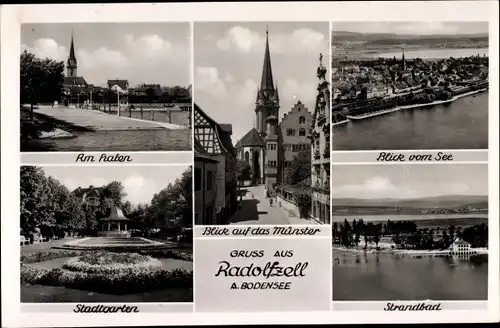 Ak Radolfzell am Bodensee, Münster, Hafenpartie, Strandbad, Stadtgarten