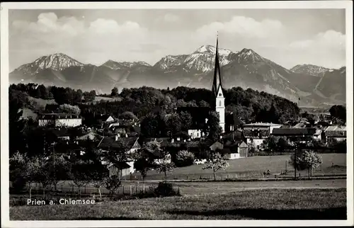 Ak Prien am Chiemsee Oberbayern, Teilansicht mit Gebirge