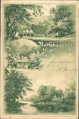 Litho Tremsbüttel in Schleswig Holstein, Rolfshagener Kupfermühle, Seeblick, Wassermühle