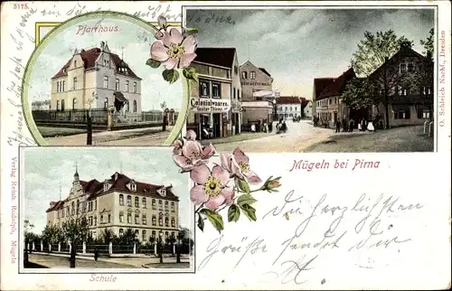 Litho Mügeln Heidenau in Sachsen, Straßenpartie mit Kolonialwarengeschäft, Pfarrhaus, Schule