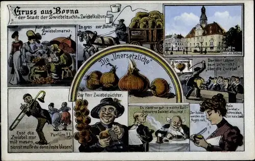 Künstler Ak Borna in Sachsen, Rathaus, Markt, Stadt der Zwiebelzucht