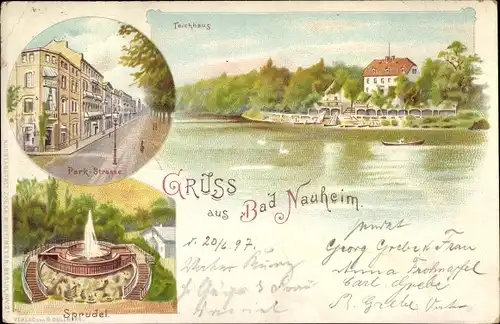 Litho Bad Nauheim in Hessen, Teichhaus, Parkstraße, Sprudel