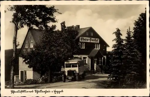 Ak Schellerhau Altenberg im Erzgebirge, Oberer Gasthof, Autobus