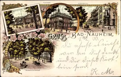 Litho Bad Nauheim in Hessen, Kurstraße, Postamt, Bahnhofstraße