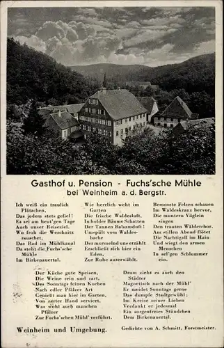 Gedicht Ak Weinheim an der Bergstraße Baden, Gasthof und Pension Fuchs'sche Mühle