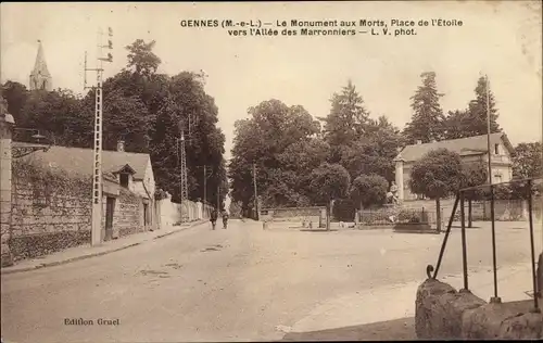 Ak Gennes Maine et Loire, Monument aux Mortes, Place de l'Etoile, Allée des Marronniers