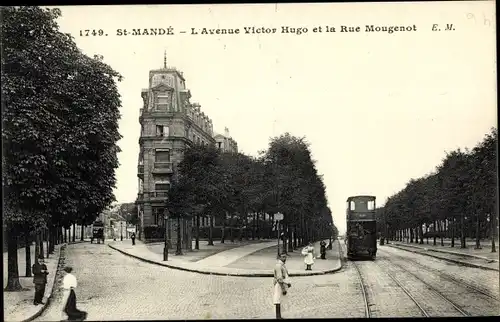 Ak Saint Mandé Val de Marne, L'Avenue Victor Hugo, Rue Mougenot, tramway