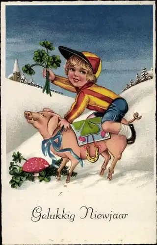 Ak Glückwunsch Neujahr, Junge reitet auf Schwein, Klee, Pilz