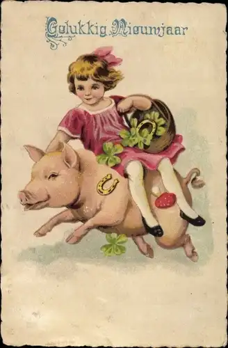 Ak Glückwunsch Neujahr, Mädchen reitet auf Schwein, Klee, Pilz, Hufeisen