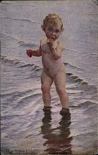 Künstler Ak Rumpel, Karl, Ein Schritt ins Ungewisse, Kind am Ufer