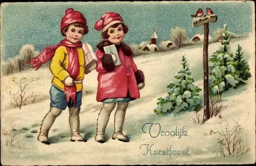 Litho Glückwunsch Weihnachten, Junge und Mädchen in Winterlandschaft
