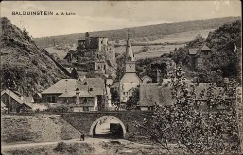 Ak Balduinstein an der Lahn, Teilansicht, Brücke, Kirche, Ruine