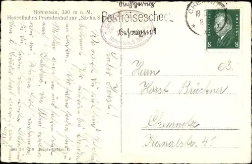 Ak Hohnstein Sächsische Schweiz, Hasselhuhns Fremdenhof zur Sächsischen Schweiz, Stadtbild