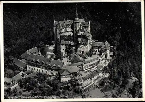 Ak Lauenstein Ludwigsstadt, Blick auf die Burg mit Autohotel, Fliegeraufnahme