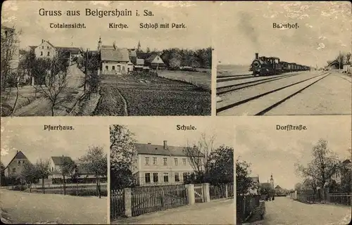 Ak Belgershain in Sachsen, Totalansicht, Kirche, Bahnhof, Pfarrhaus, Schule, Dorfstraße