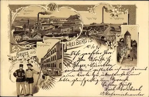 Litho Freiberg im Kreis Mittelsachsen, Hohe Esse, Bergakademie, Donatsturm, Bergmänner