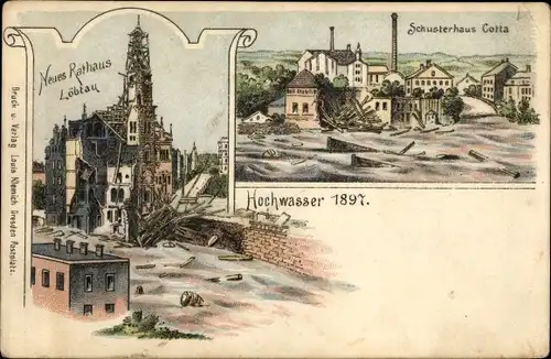 Litho Dresden Löbtau, Hochwasser 1897, Neues Rathaus, Schusterhaus Cotta